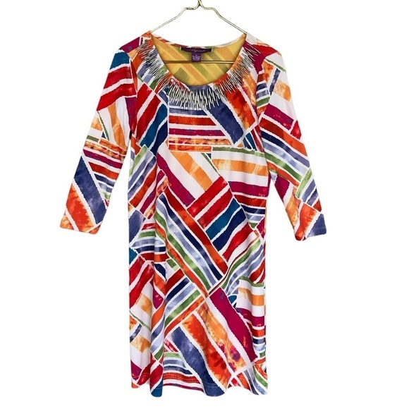 Vintage Dresses & Skirts - Vintage Argenti Colorful Retro Print Dress Silver Bar Neckline